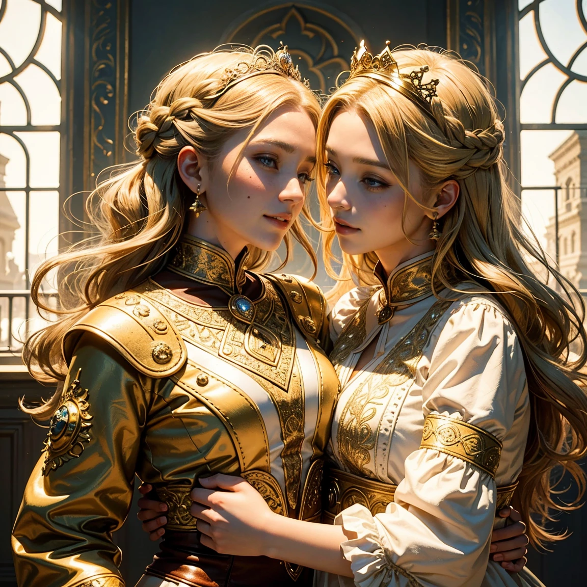 Gorgeous court costumes, blonde hair, French braid, crown, mole under eye, light smile, Renaissance, ray tracing, Sony FE GM, masterpiece, UHD, anatomically correct, textured skin, perfect anatomy, (two girls are deeply in love with each other, kiss)