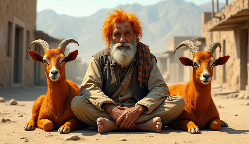 elderly afghan citizen with orange hair sitting on the street, next to 2 goats with orange hair, arid landscape of afghanistan