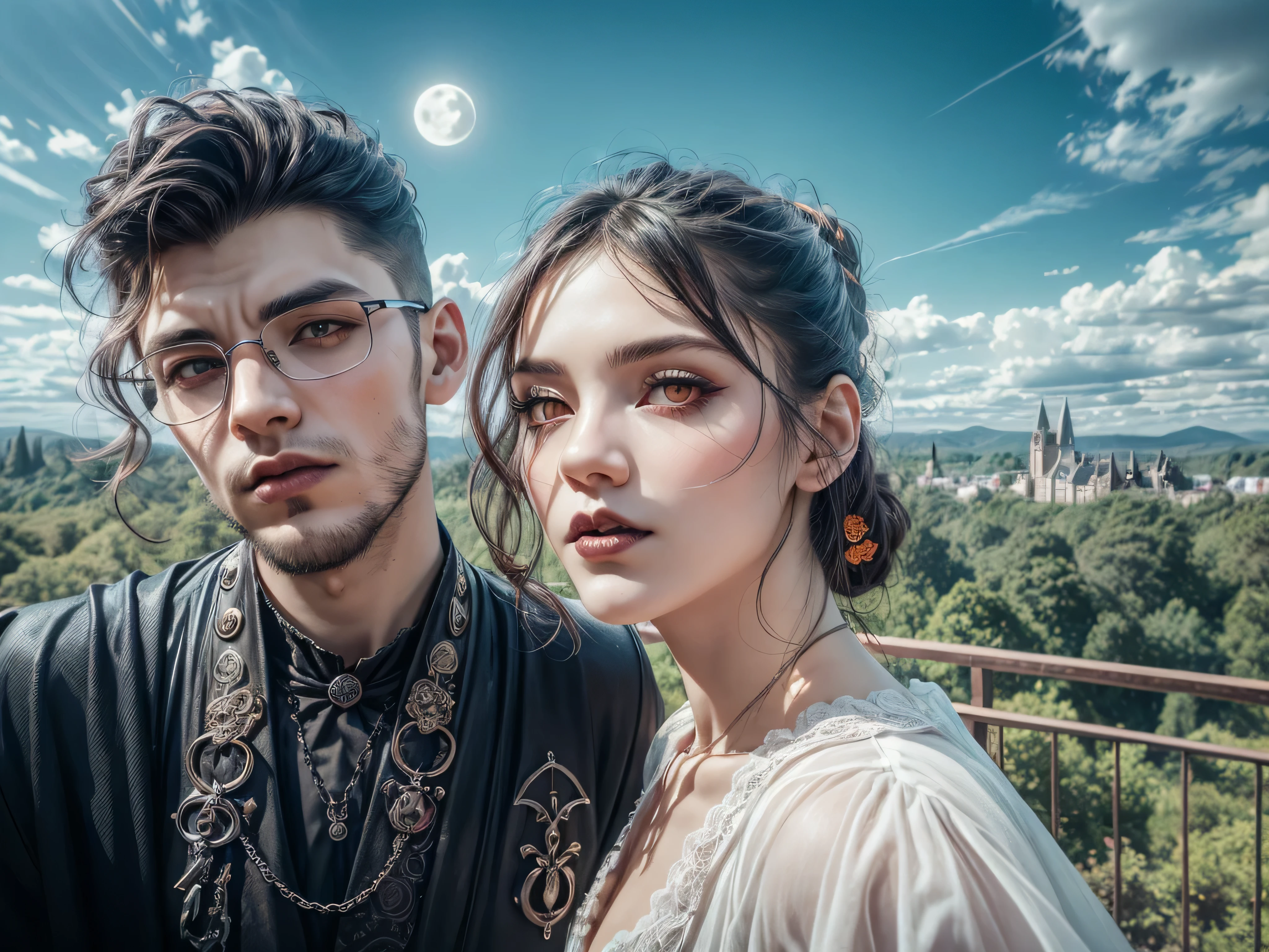 there are two people standing together on a balcony with a view, on a bridge, in front of a forest background, trees in the background, looking off into the distance, vacation photo, forrest in the background, park in background, photo taken in 2 0 2 0, very accurate photo, forest in the background, very very low quality picture, colored photo(masterpiece),(vampire),(unrivalled quality:1.4), ultra-high resolution,hyperrealistic, dark fantasy portrait, (sharp focus:1.1), photo of a vampire,gothic horror vibes, Guweiz-style art, dark fantasy mixed with realism, gothic aesthetic, gothic art style,HalloweenGlowStyle,red eyes,black lips,bats, gothic architectural style, full moon, moonlight,clean face