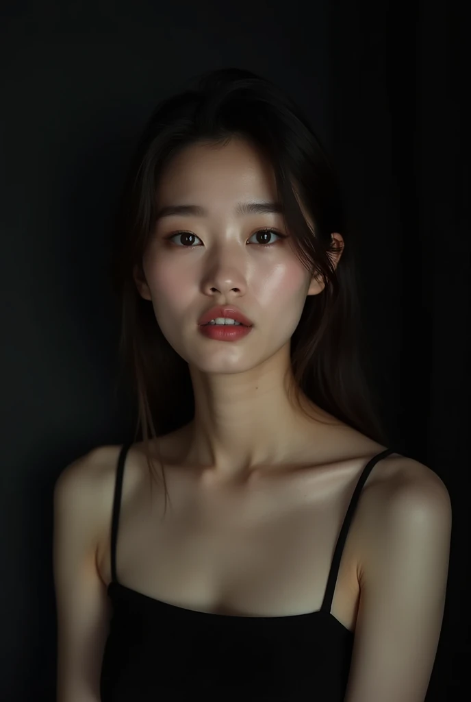 photo brute, femme visage jolie asiatique ;une belle femme de 20 ans ,visage caractere, porter une robe noire, mine coquine, ombres dures, porter de vue de face, Éclairage lumineux