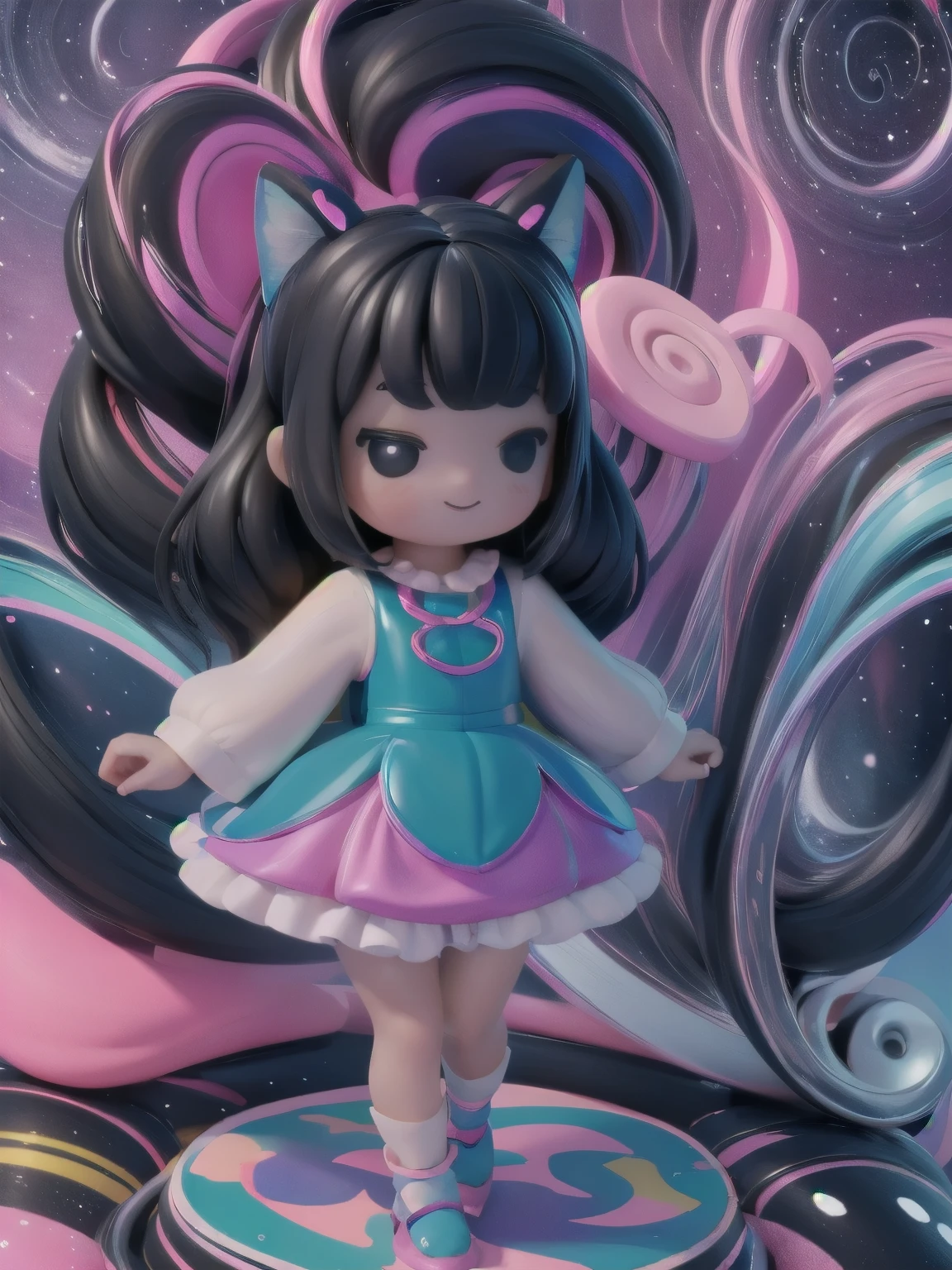 a cute kawaii girl riding a (bicycle) , night scene, fantasy wolrd style, candy world, magical dress, pumps, cristal rainbow road, 3d, blender, tinycore, toycore, sculpture