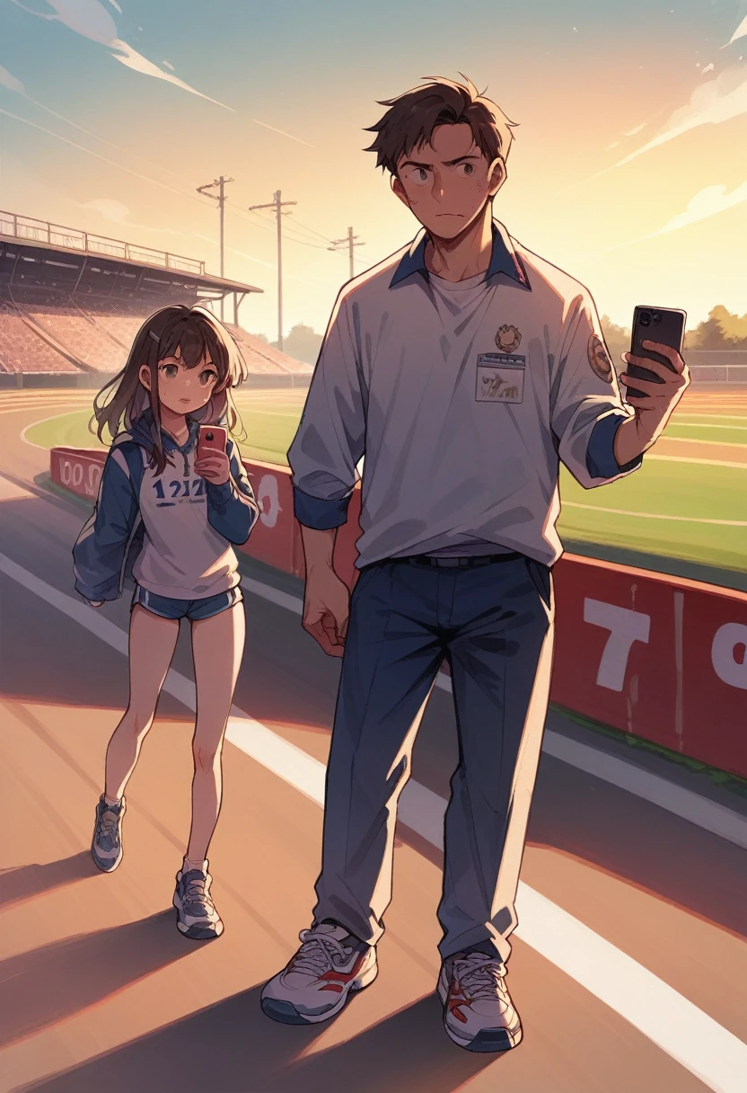 I need a picture of a go-kart driver holding a smartphone, next to a go-kart, on a race track with a sunset. with the camera away at about 2 meters, in the 9:16 format.