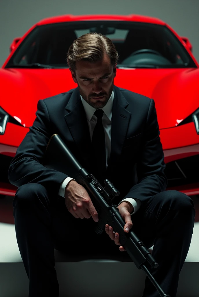 Lonley suited man with an automatik weapon sitting in front of ferrari