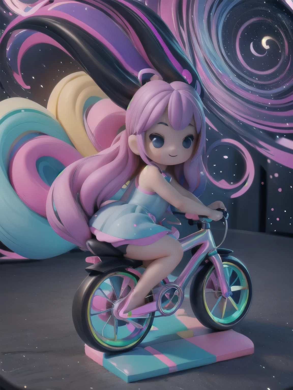 a cute kawaii girl riding a (bicycle) , night scene, fantasy wolrd style, candy world, magical dress, pumps, cristal rainbow road, 3d, blender, tinycore, toycore, sculpture
