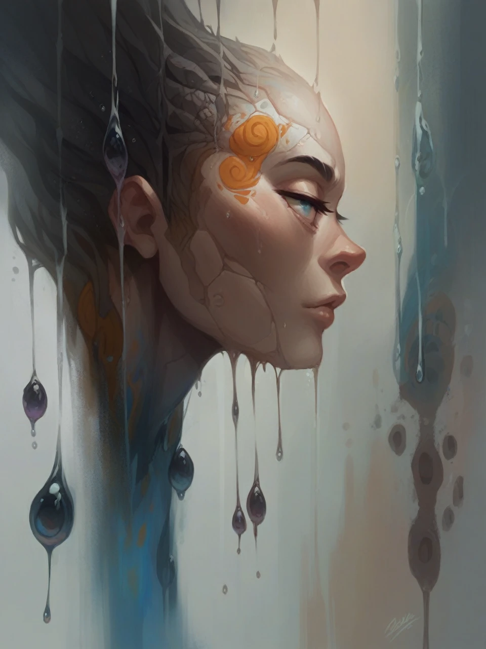 An ethereal portrait of a woman with a calm expression, her face adorned with vibrant, abstract patterns of orange, blue, and black. She seems to be emerging through a textured wall, blending with the surroundings. Translucent droplets hang and drip around her, merging into the swirling, dreamlike backdrop, creating a surreal, mystical atmosphere."