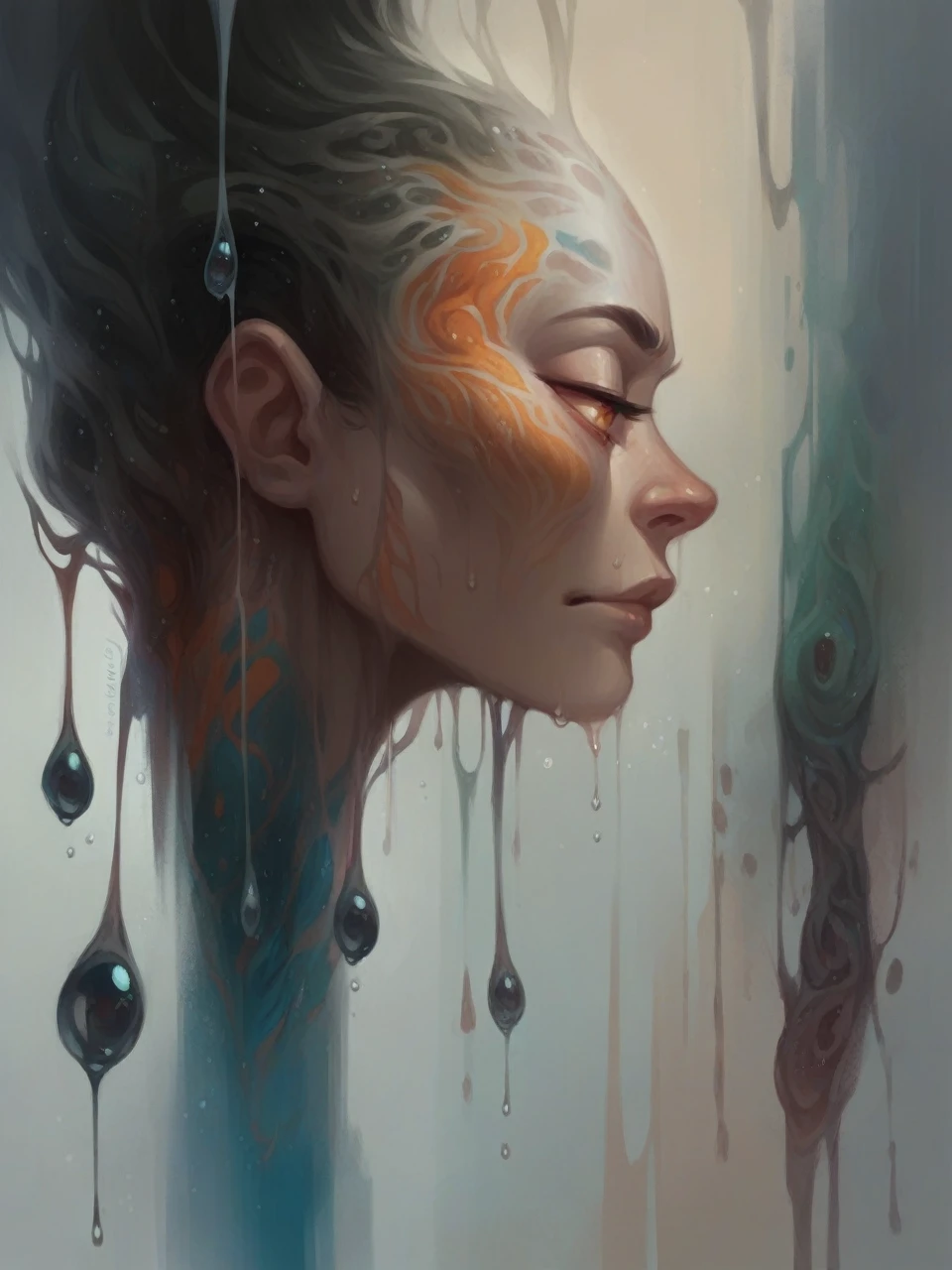 An ethereal portrait of a woman with a calm expression, her face adorned with vibrant, abstract patterns of orange, blue, and black. She seems to be emerging through a textured wall, blending with the surroundings. Translucent droplets hang and drip around her, merging into the swirling, dreamlike backdrop, creating a surreal, mystical atmosphere."