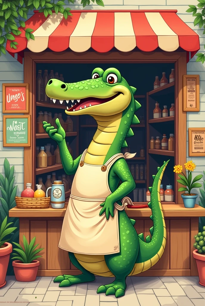 Create an image of a written crocodile " active little shop"
