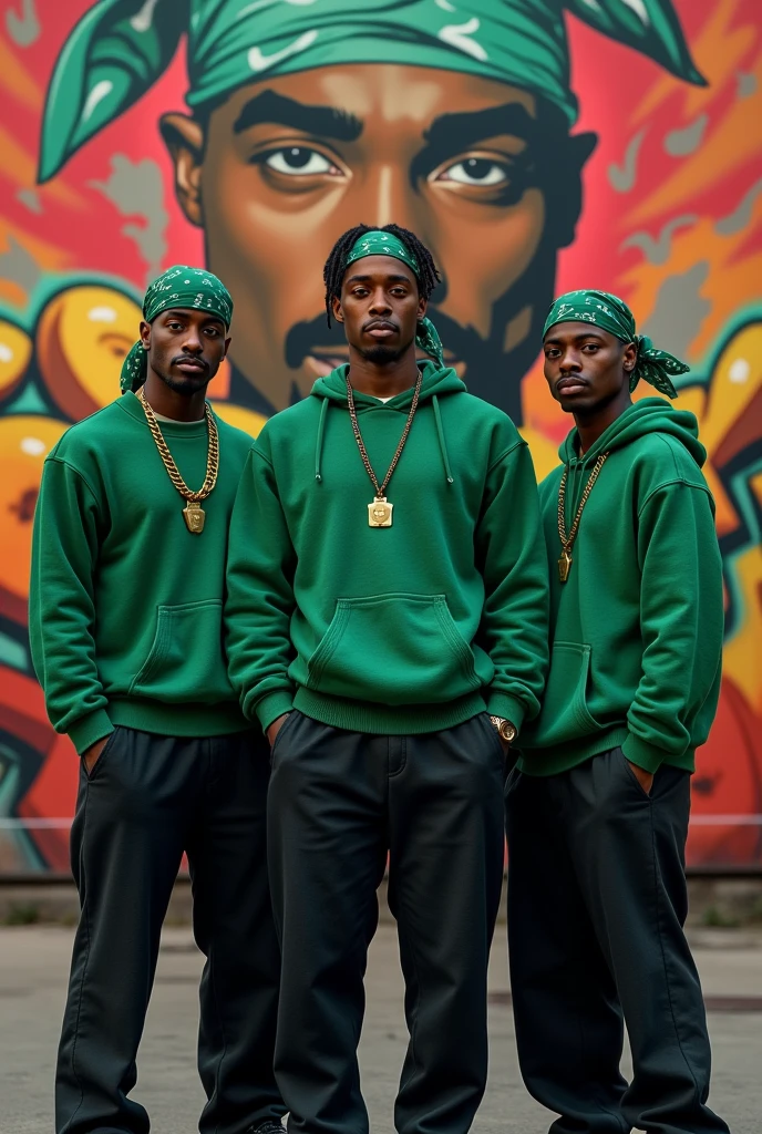 Three gangsters stand out in a vibrant, attitude-filled scene. They are standing still, with green sweaters that contrast with their black pants. Their black skin shines in the ambient light, and each one wears a green bandana tied around their head, a symbol of unity and style.

Ao fundo, the wall is a true work of art, decorated with huge graffiti paying homage to Tupac Shakur. The vivid colors and expressive lines capture the essence of hip-hop culture, reflecting both the struggle and the passion for music. The scene represents not only the imposing presence of the gangsters, but also a deep and significant cultural legacy.
