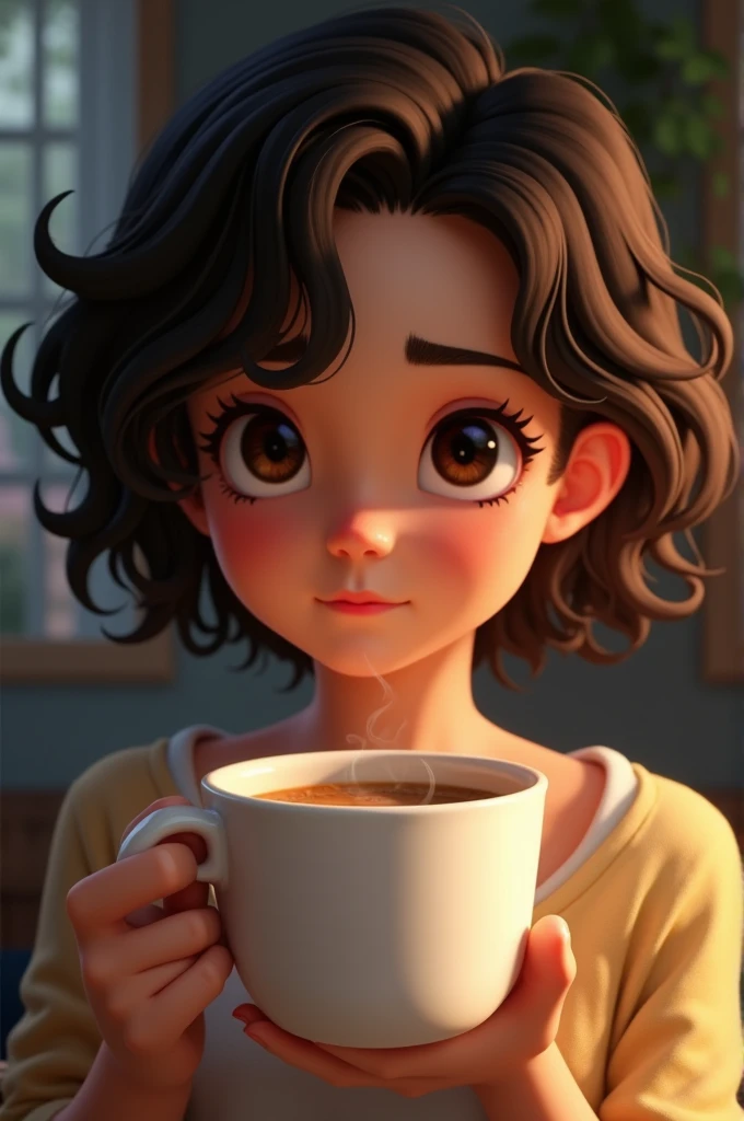 Create a drinking coffee with dark brown eyes with brown skin with short curly hair and with tired eyes and a slight smile