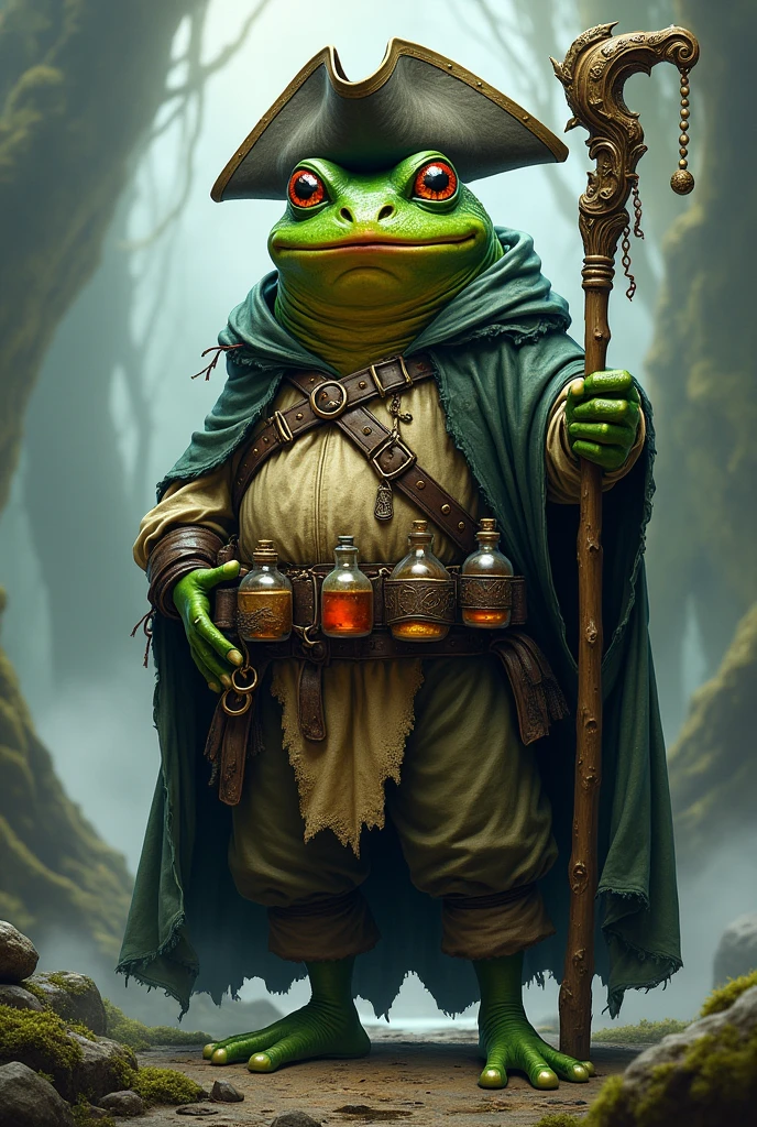 A frog-man dressed as a druid pirate, with a mage staff and a belt with some potions