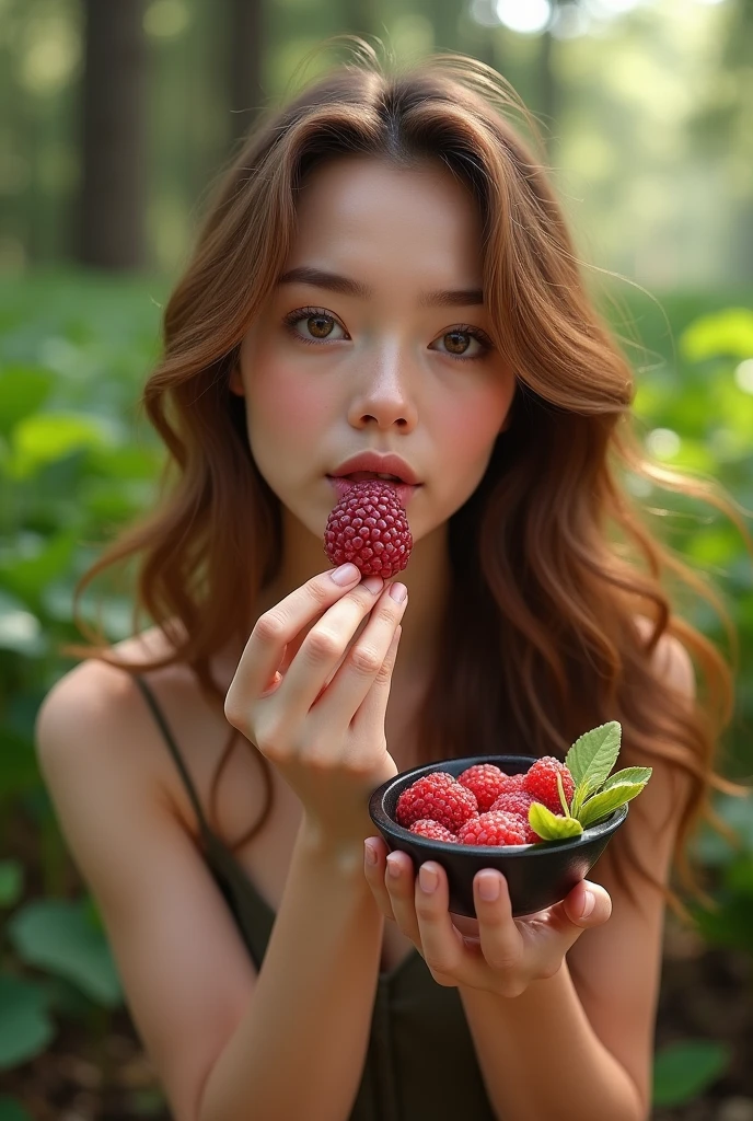 Realistic woman aged 25 to 35, in park, salmonete, chestnut hair, brown eye eating acai in the park, ultra HD, high qualiy, best qualityer, high resolution, 8k, 16K