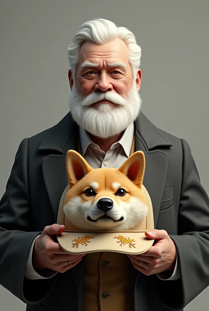 A white-haired man holding a Shiba hat