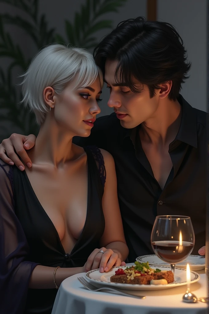 A woman with very short white hair, light brown skin and violet eyes, having dinner with a man who is wearing a black dress shirt and undefined arms, no beard and is a beanco man 