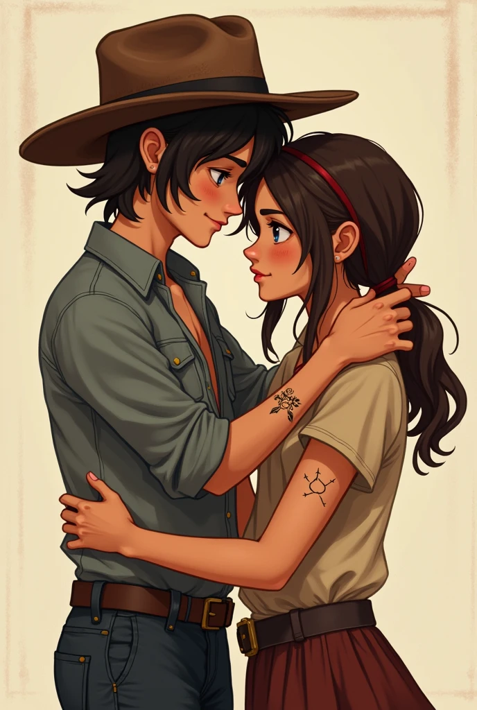Carl Grimes, teenage boy with cowboy hat and shoulder length brown hair and lola flanery, Teenage girl with waist-length brown hair with some black veins on her arms, the two blue-eyed boys... Those teenagers are hugging each other 