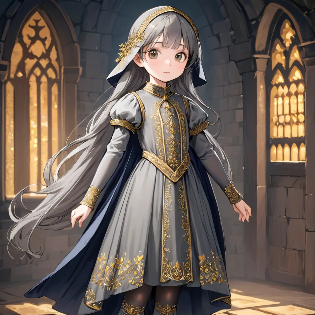 8 year old medieval girl, Medieval golden embroidery、Long one-piece dress with semi-transparent pannier, gray semi-transparent tights, realistic fabric, highest quality、?????? close-up