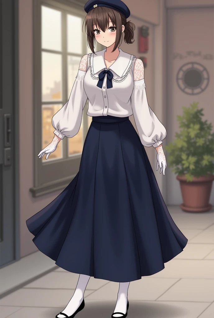  dressed in a long vintage midi skirt, navy blue high waist, white blouse, collar with white bow, long sleeves with balloon cuffs, with a navy blue beret on her head and her hair tied in a ponytail and black ballet flats with a strap on her foot, white tights and white lace gloves on the hands 