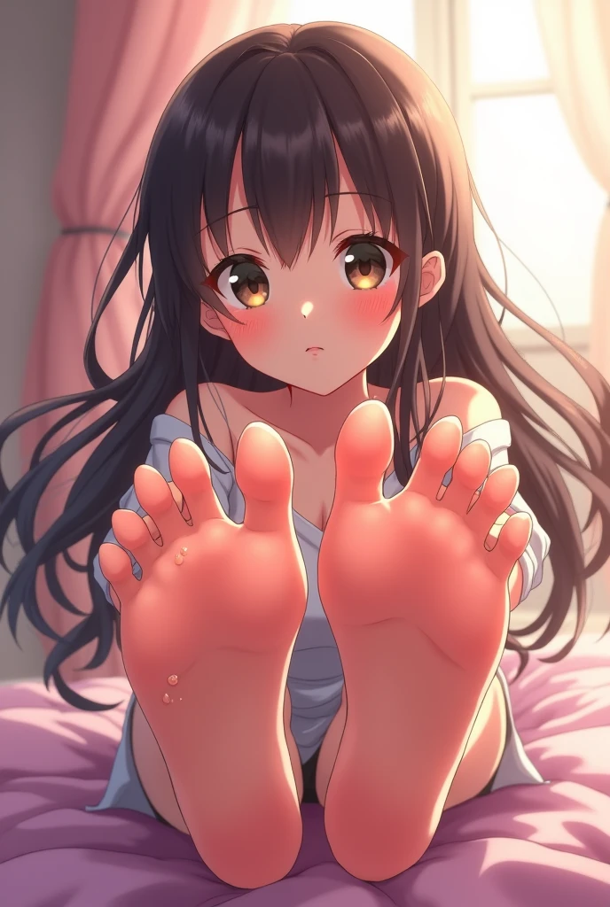 (anime) girl showing the palm of her sweaty feet 