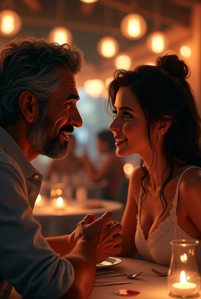 Close-up of Manuel and Rosa talking.
in a restaurant