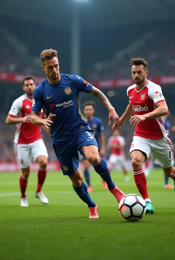 A male soccer player named Glaenderson, giving a backheel pass to a nearby teammate, and the opposing defenders surrounding them, photo in 8k