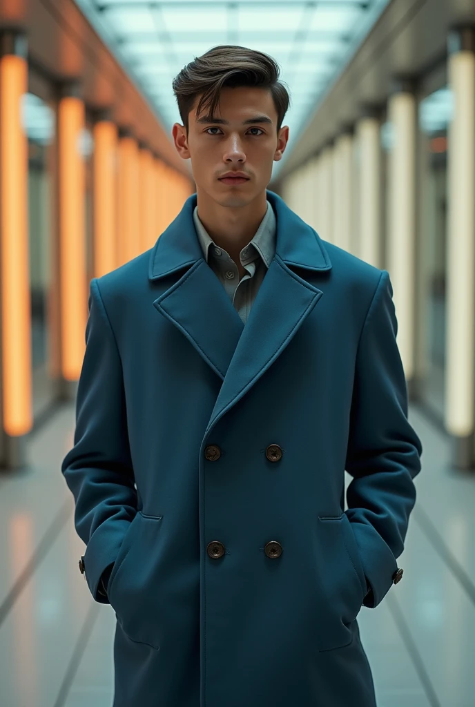 (photorealism:1.2), a young man poses for a photo, calm, firm in his posture, wearing a blue coat, futuristic, simple and modern, passport photo. Relaxed pose, realistic, intricate details, warm colors, by Greg Rutkowski, by Alphonse Mucha