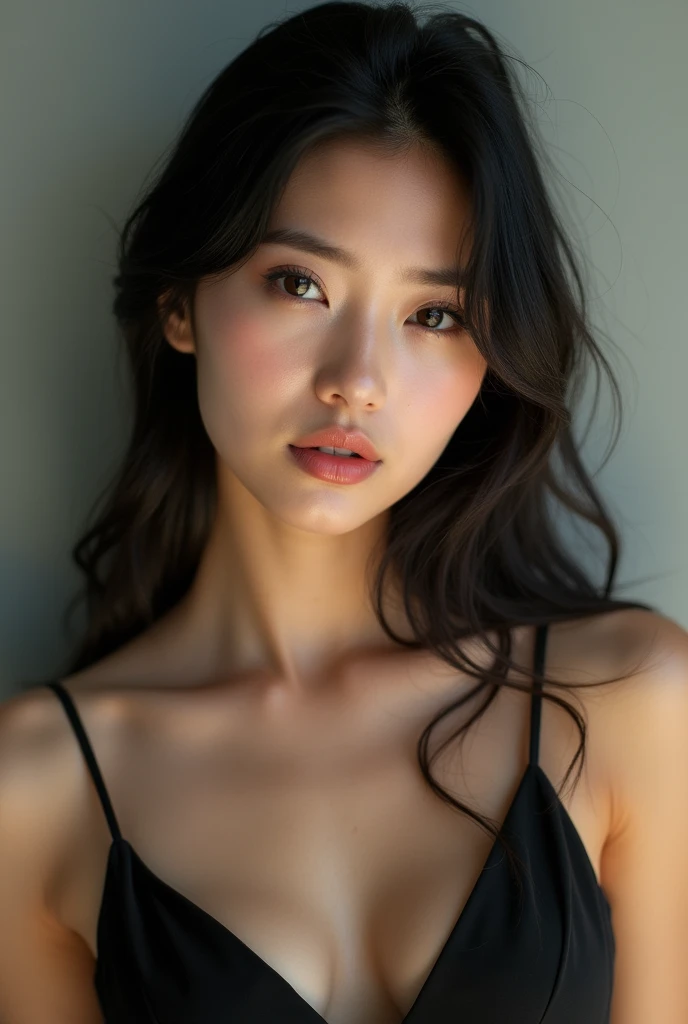 photo brute, femme visage jolie asiatique ;une belle femme de 20 ans ,visage caractere dure et doux, porter une robe noire, mine coquine, ombres dures, porter de vue de face, Éclairage lumineux