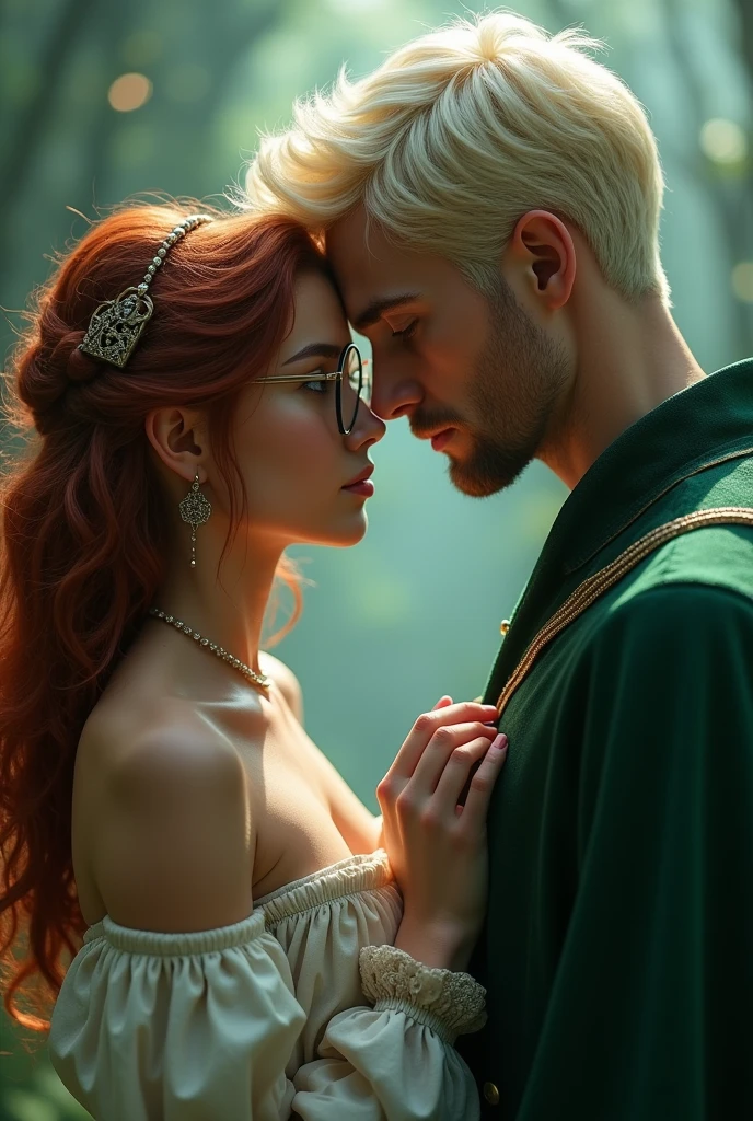 I want you to draw a girl. Wheat skin with fish meat and glasses 1.65 cm tall, brown eyes, wine red hair, wavy, holding hands with a tall beardless man with platinum blonde hair and blue eyes, wearing a Slytherin uniform..