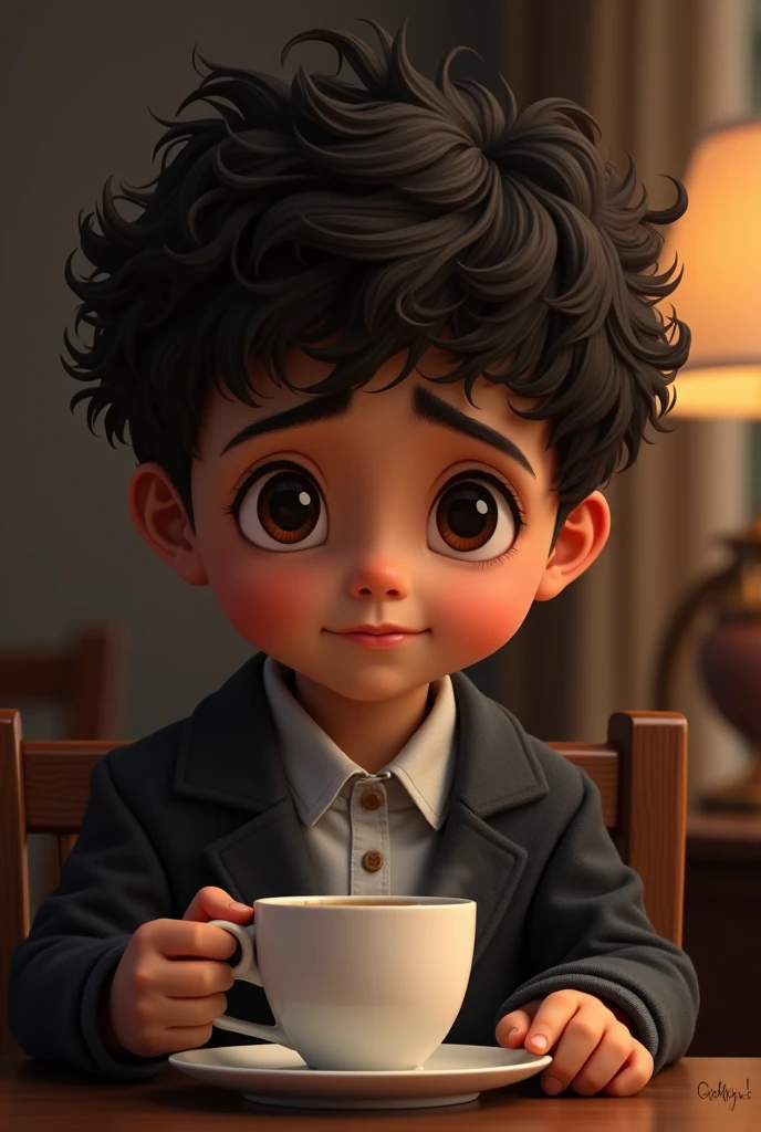 Create a sophisticated "Child boy" drinking coffee with dark brown eyes with brown skin with short curly hair and with tired eyes and a slight smile