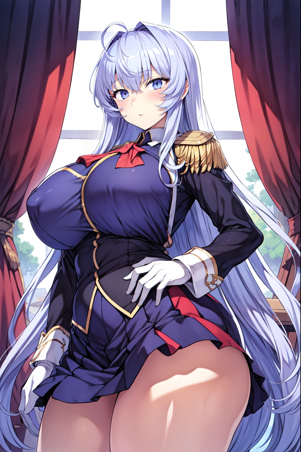 masterpiece, Highest quality,1girl,solo、large breasts,official、(((White Disciplinary Committee Chairperson、Noein)))、Very long purple hair、Wearing purple military uniform、Adult woman with long hair and sword、Epaulettes、Purple Skirt、Blue Eye、RAW Color,Clear images、dark color、tall