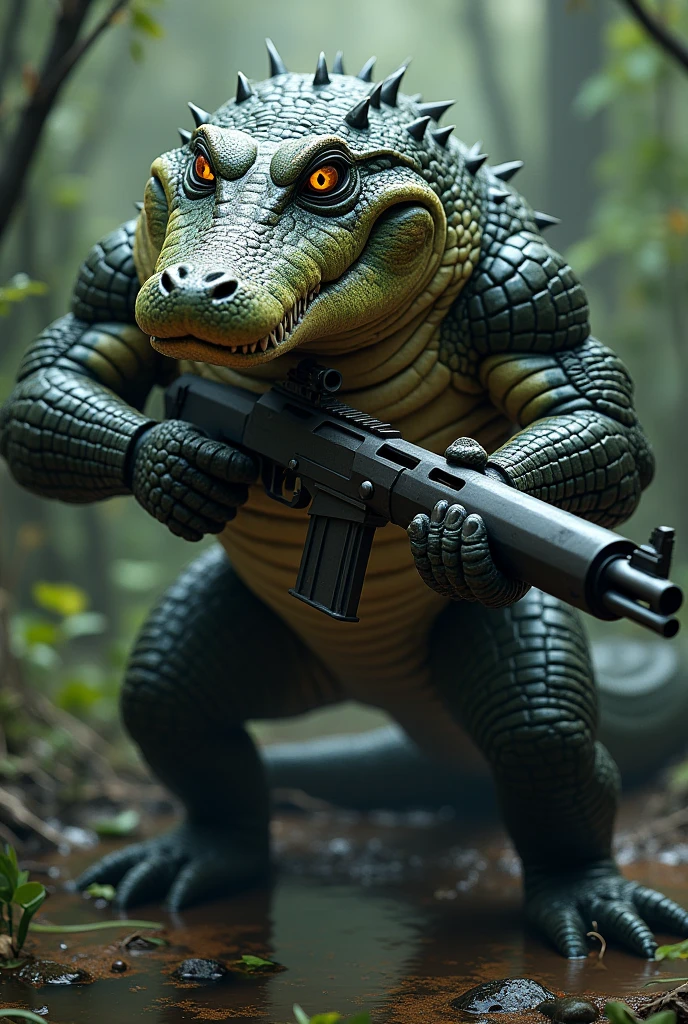 Create an image of a crocodile holding a rifle