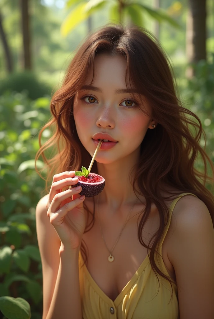 Realistic woman aged 25 to 35, in park, salmonete, chestnut hair, brown eye eating acai in the park, ultra HD, high qualiy, best qualityer, high resolution, 8k, 16K