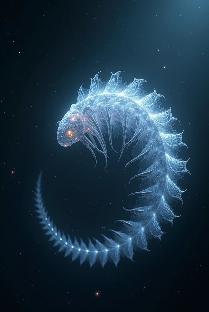 Besta celestial, centipede appearance, transparent body, in space, the size of stars, in the void of space, several stars around