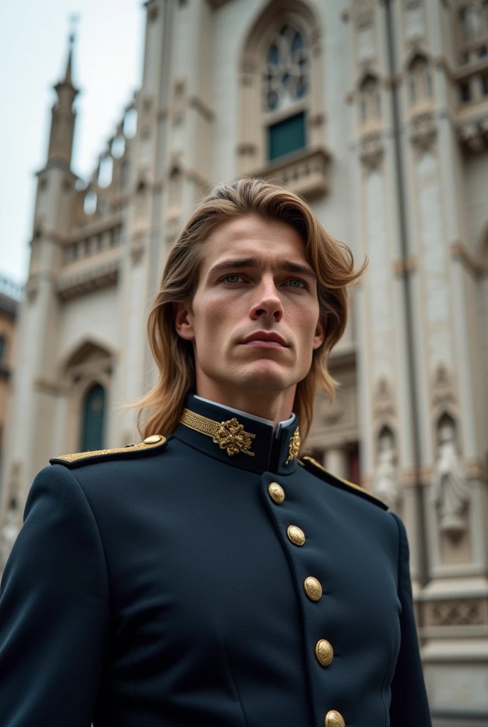 A 26-year-old handsome man, with green eyes like jade pearls and long blond hair, is very tall. Wearing dark blue military uniform, behind him an Italian cathedral