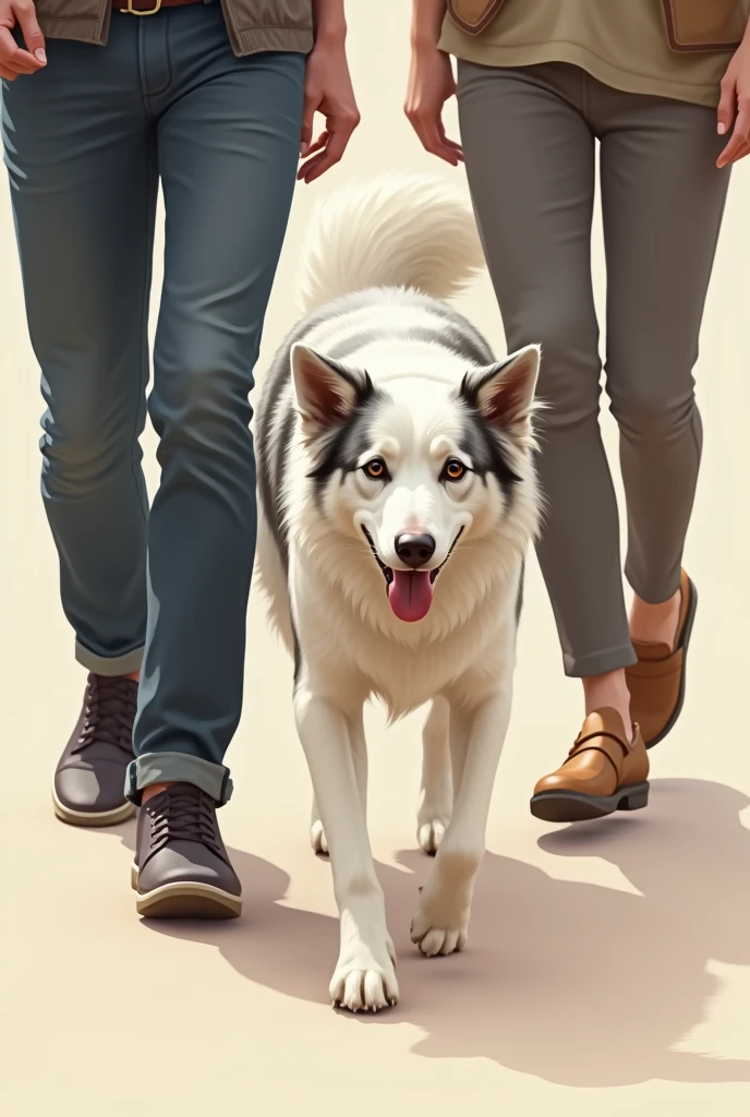 blind border collie dog walking in the gap between his owner's legs. The dog is white with light gray spots.