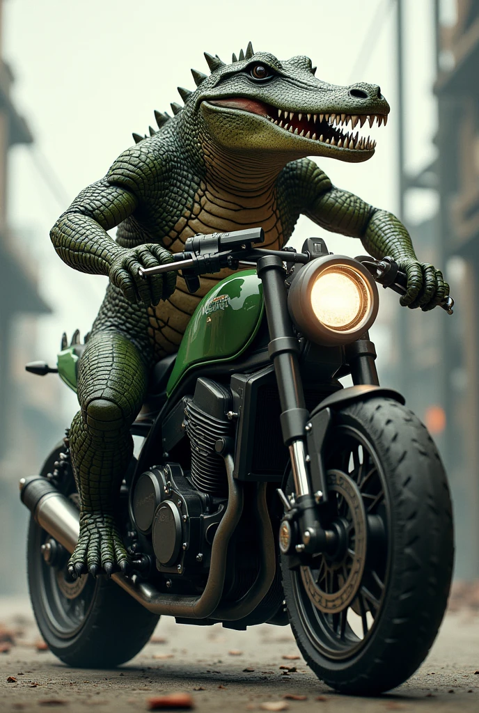 Create an image of a crocodile holding a gun on top of a motorcycle