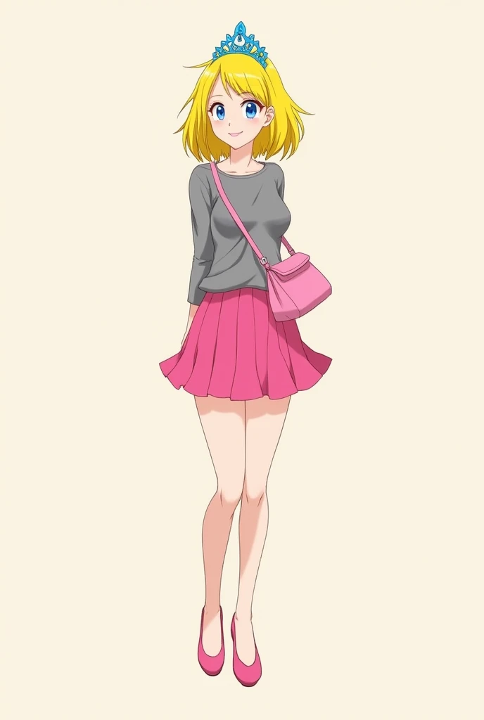 One with a smile on her face with medium-sized yellow hair with a blue tiara with a gray top and a pink skirt and a pink bag with blue eyes