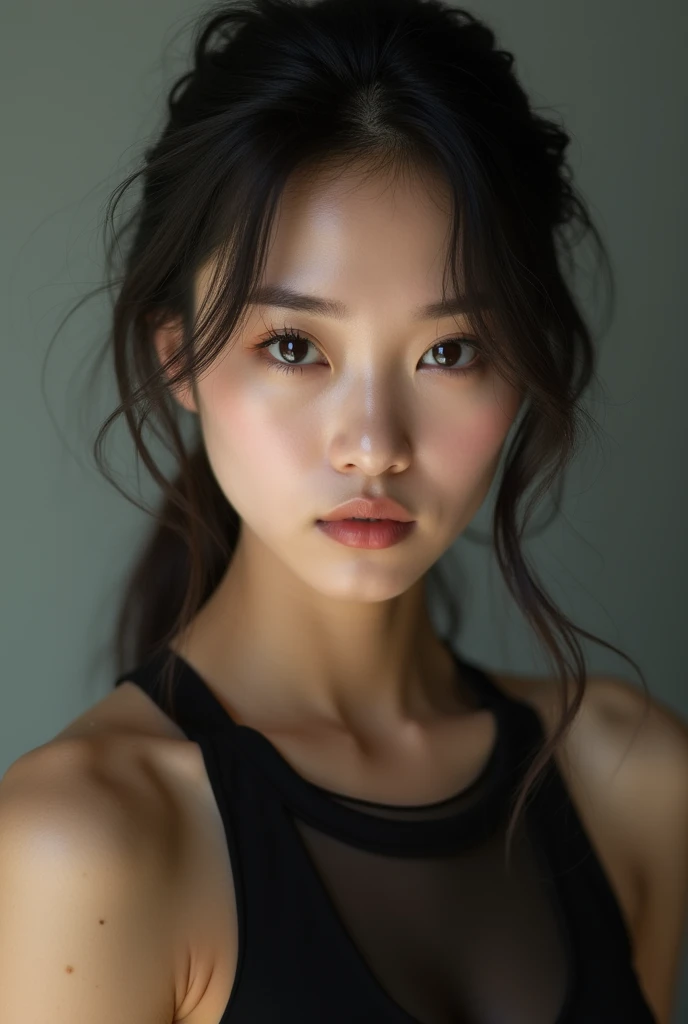 photo brute, femme visage jolie asiatique ;une belle femme de 20 ans ,visage caractere sexy, porter une robe noire, mine coquine, ombres dures, porter de vue de face, Éclairage lumineux