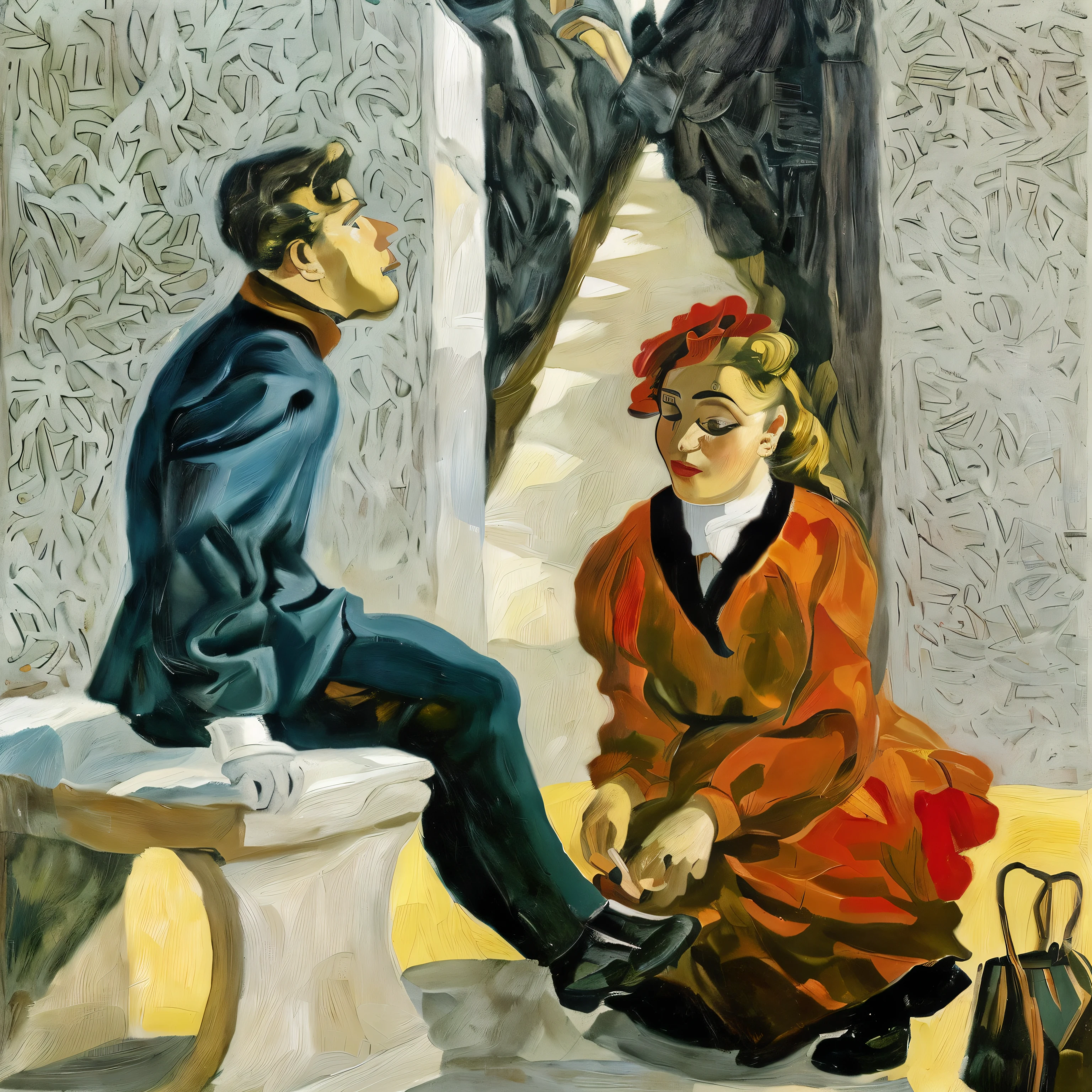 a painting of a man and a woman sitting on a bench, art in the style of Paula Rego, by Paula Rego, by Rita Angus, inspired by Paula Rego, by Merse Pál Szinyei, by Noémi Ferenczy, inspired by Merse Pál Szinyei, by Candido Portinari