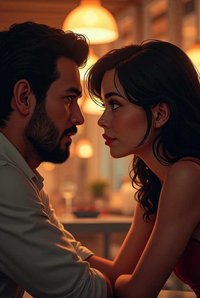 Close-up of Manuel and Rosa talking.
in a restaurant (text bubble) with serious faces