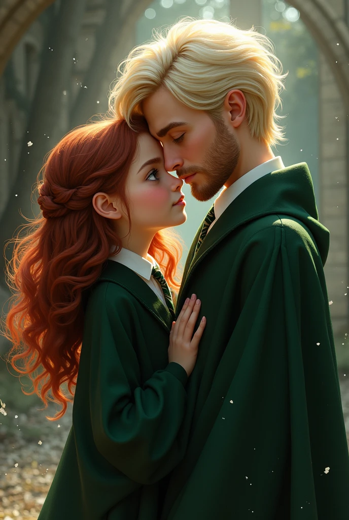 I want you to draw a girl. Wheat skin with fish meat and glasses 1.She is 65 cm tall, has brown eyes, wine red hair, and wavy hair. She is wearing a HOGWARTS Slytherin uniform, and is kissing a tall, beardless man with platinum blonde hair and blue eyes..