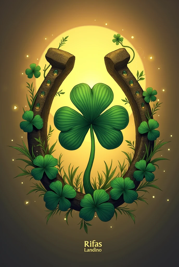 I want a logo that bears the name RIFAS LANDINO. The logo design must have some creative touches of clover leaves with some small fireflies that leave a line around the logo. You can also add a horseshoe so that everything combines in a special way.