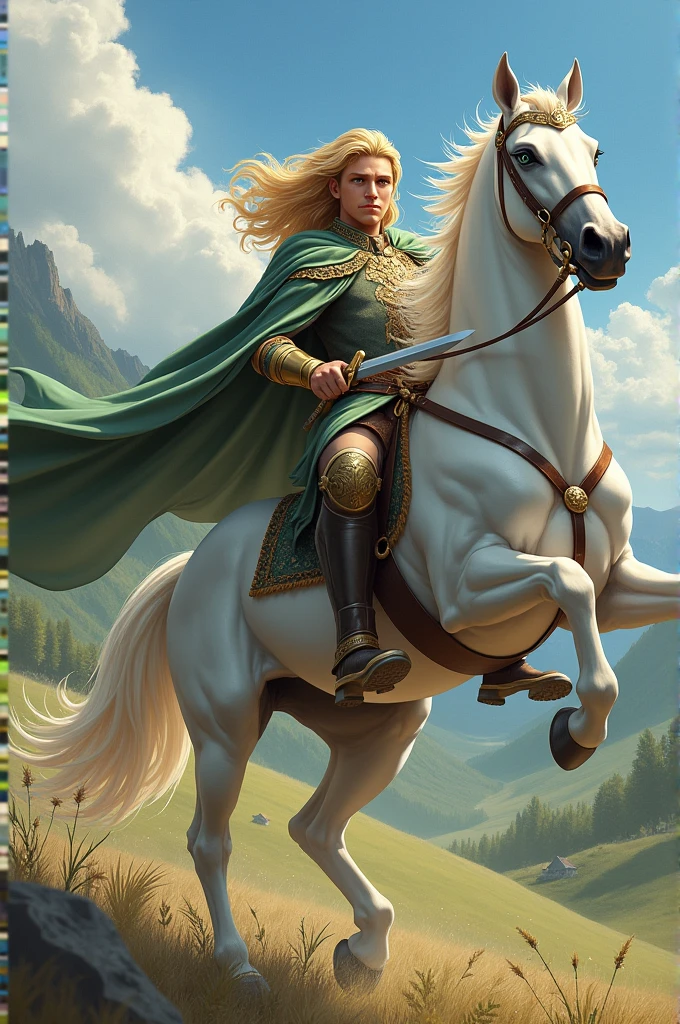 A prince with blond hair and green eyes riding a white horse, and with a sharp sword in his hand