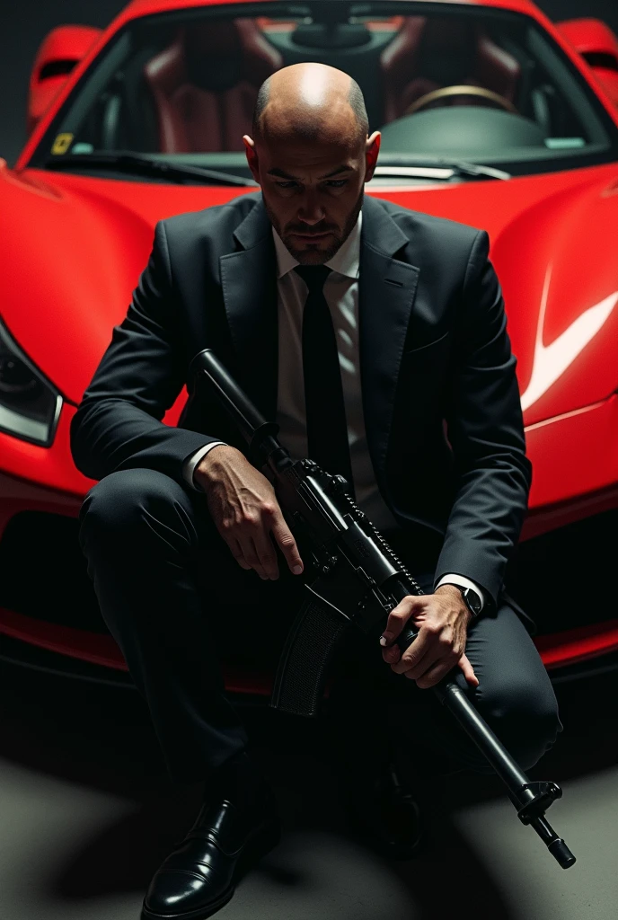 Lonley suited man with an automatik weapon sitting in front of ferrari