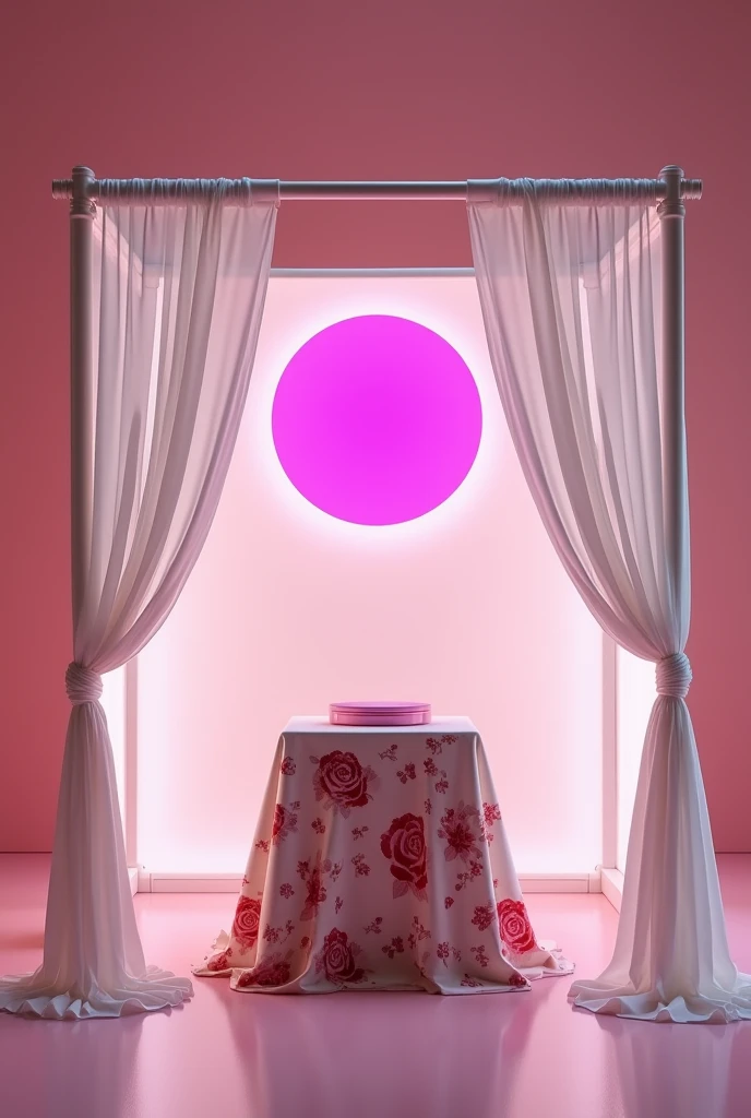 make a stand on a skin cream project that has long tubes in its corners holding white curtains, In the middle, place a rectangular table according to the size of the stand with a tablecloth decorated with roses., at the top, glued to the top tube and in the middle add a fuchsia colored circle