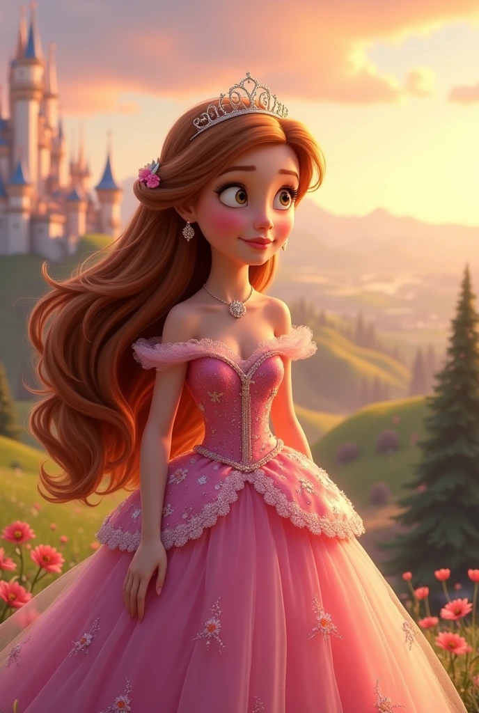 a disney pixar style princess, in a pink dress with long hair