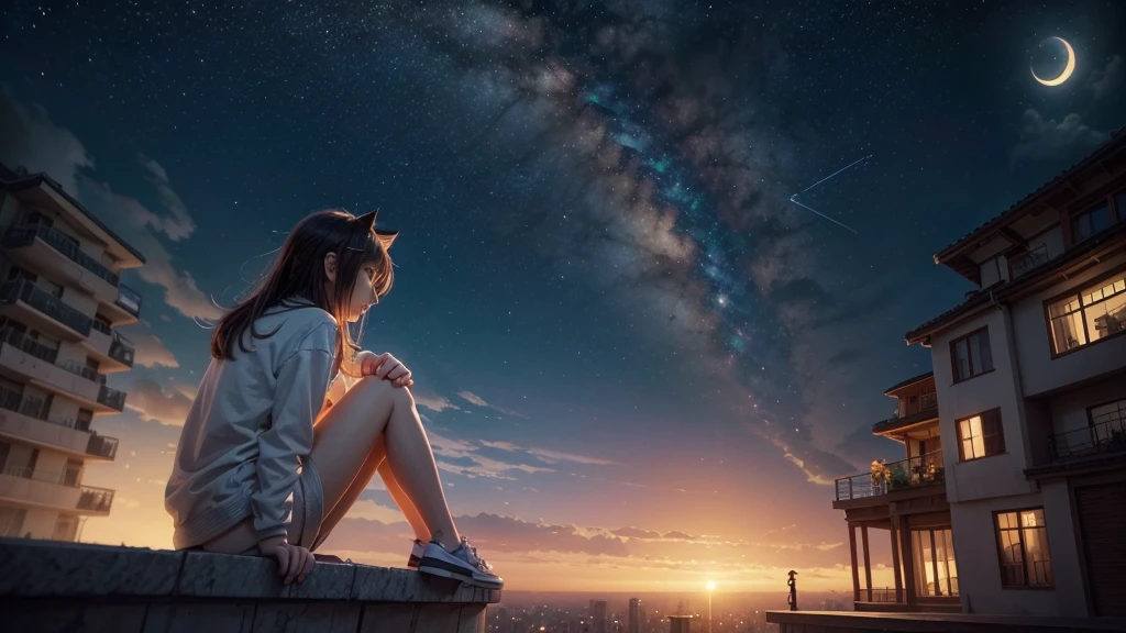anime girl sitting on a ledge with a cat watching the stars, cyril rolando and goro fujita, makoto shinkai cyril rolando, cyril rolando and m.w kaluta, cyril rolando and m. w kaluta, calm night. digital illustration, inspired by Cyril Rolando, amazing wallpaper, anime art wallpaper 4 k