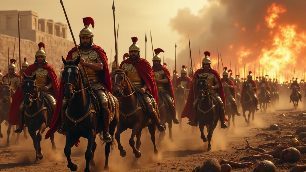 (photographie ultra-réaliste) Armée de thrace dans la grèce antique portant des armures reflétant la lumière, des casques de hoplites, des capes dorée, munie de leurs lances d'argents et leurs bouclier dorés, ils chargent vers les ennemies à pied ou à cheval, sur un champ de bataille apocalyptique dévasté, jonché de cadavres. En arrière plan on aperçoit la ville de Troies en feu. Il est écrit "Thace" en titre sur l'image