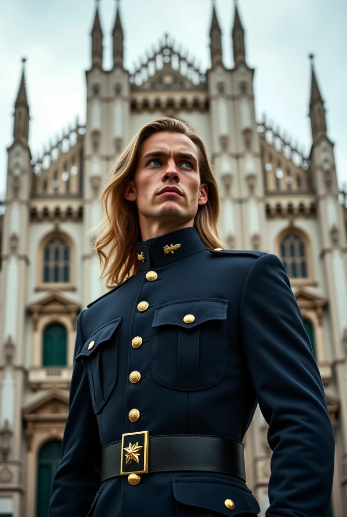 A 26-year-old handsome man, with green eyes like jade pearls and long blond hair, is very tall. Wearing dark blue military uniform, behind him an Italian cathedral