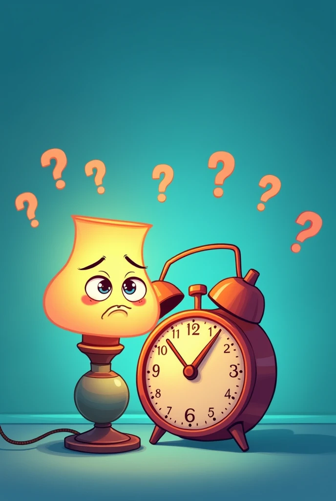 Create a quiz profile image with a cute, worried looking lamp and a clock with question marks around them on a blue background with a more vibrant color.