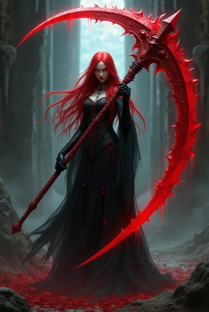 One with red eyes long hair with a big red scythe 