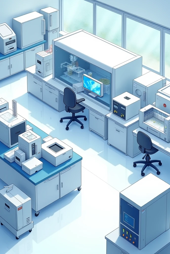 I need a simple drawing to be able to draw the molecular biology area of a clinical laboratory, laminar flow cabinet, thermocyclers, centrifuges, ovens, microscope, electrophoresis